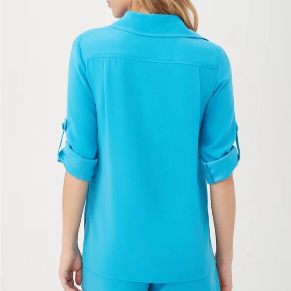 Trina Turk Silky Turquoise Poplin Point Collar Cuffed Long Sleeve Shirt NWOT - Picture 3 of 13